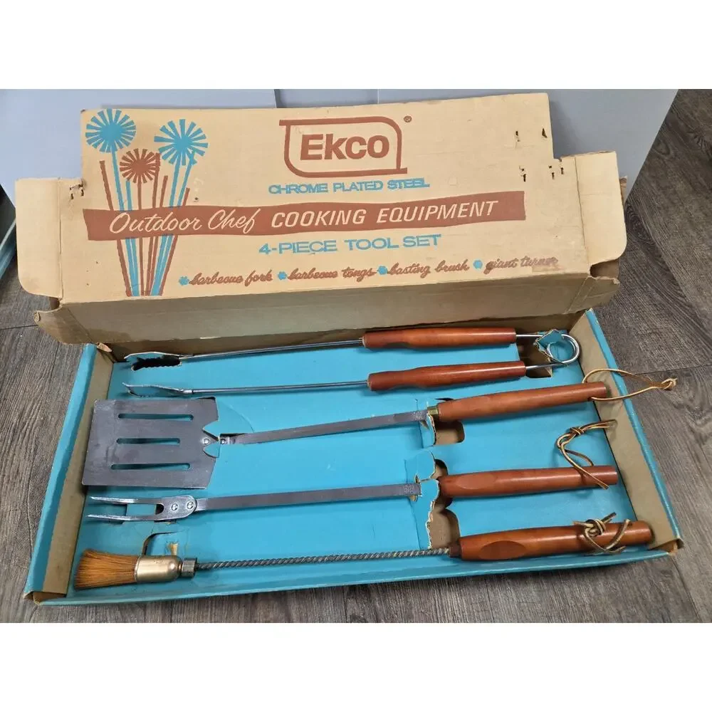 Vintage Ekco Barbecue 4 Pc Tool Set New In Box Fork Brush Turner Wood Handles